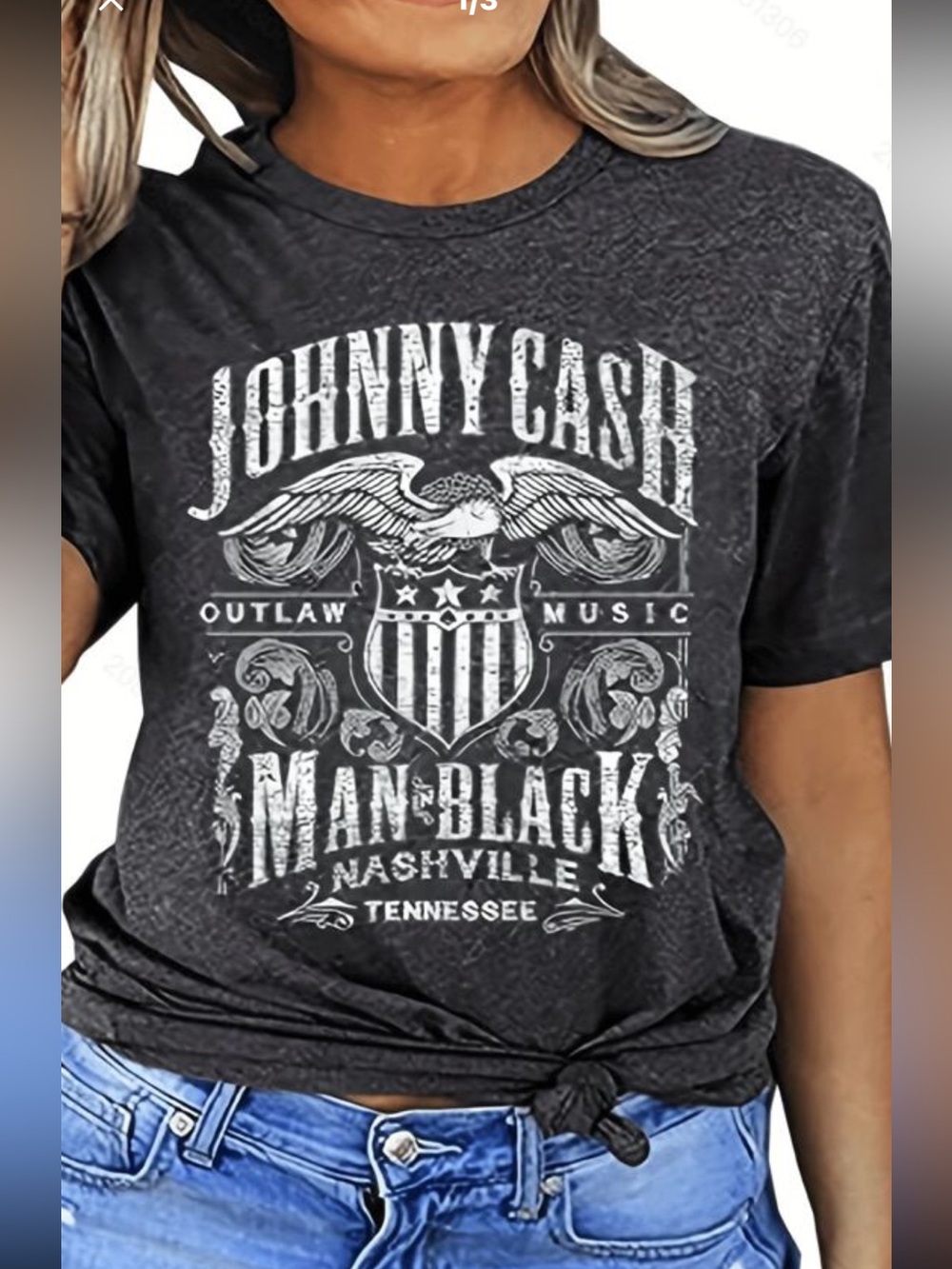 Johnny Cash Graphic Tee - Womans Black Crewneck Shirt - Picture 5 of 6